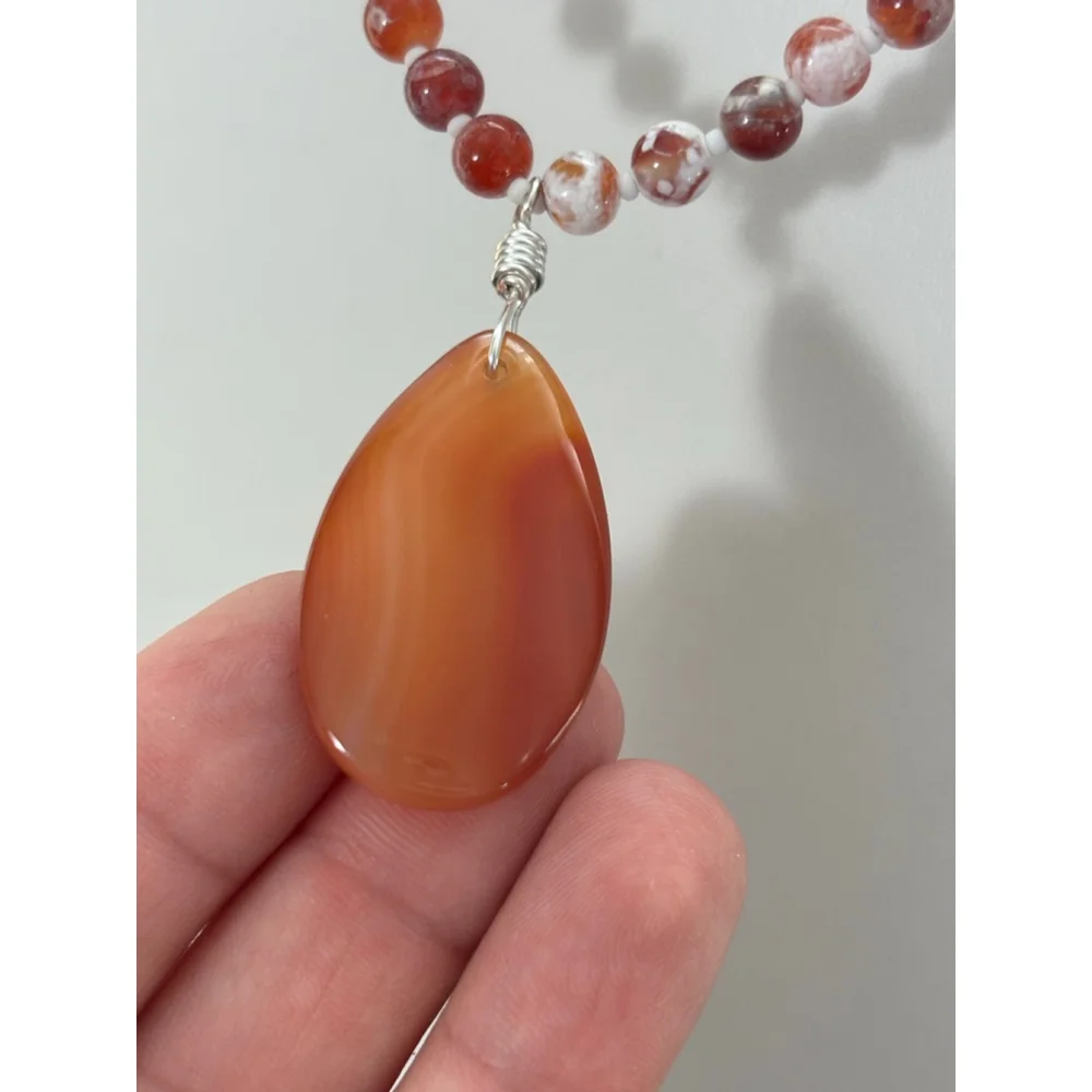 Handmade Fire Agate Beaded Necklace with Carnelian Pendant One Size
